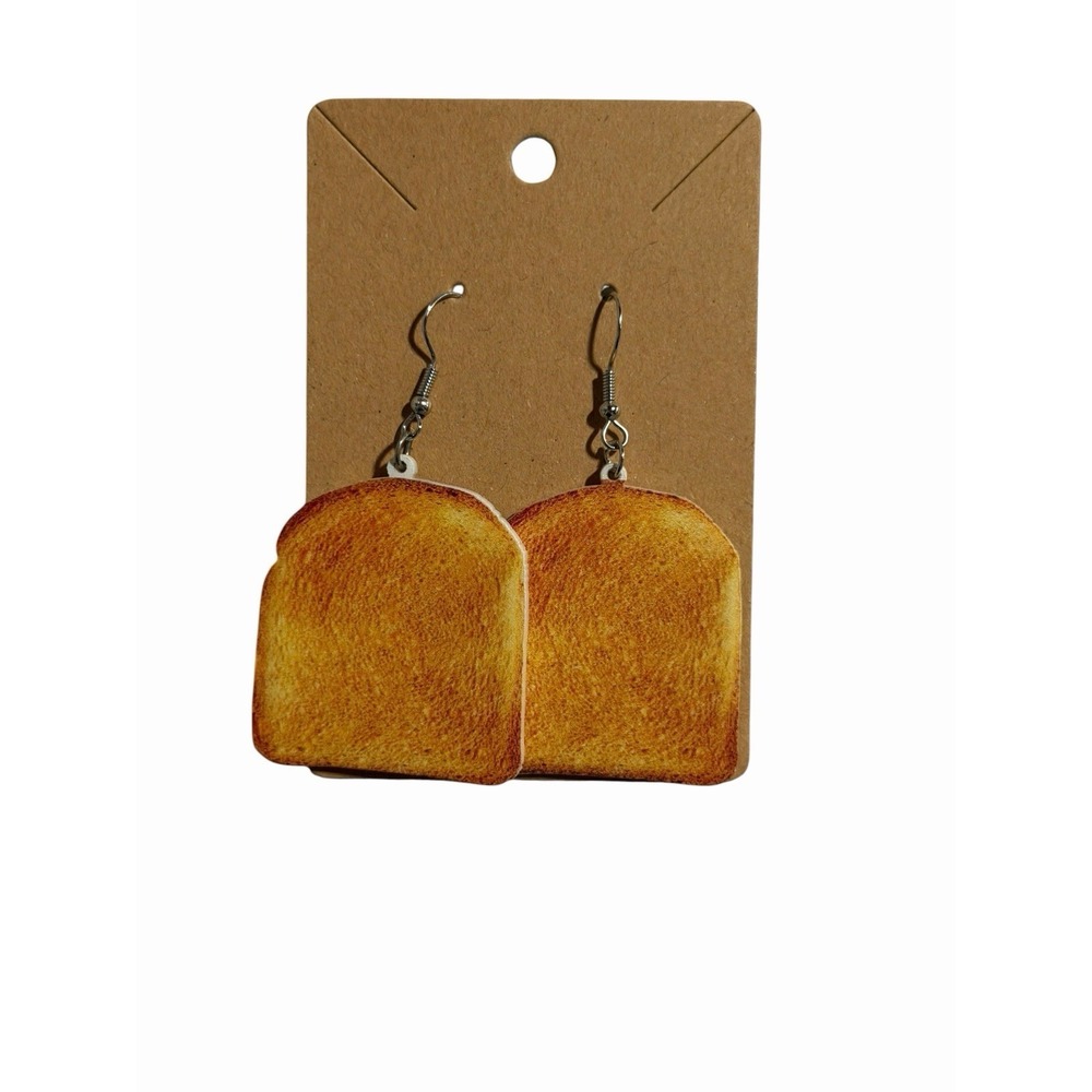 Toasted Bread Slice Dangle Earrings Novelty Food Jewelry Brown Silver Tone